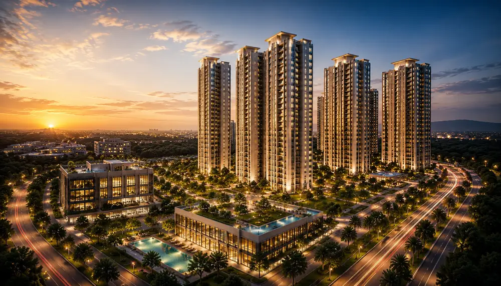Evening exterior render of Tata Orbis